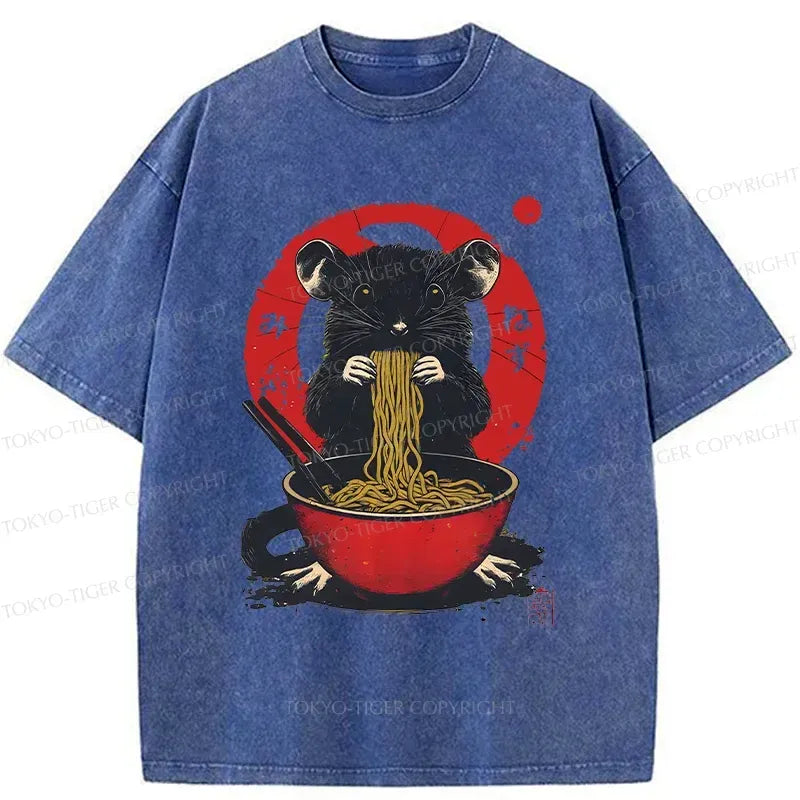 Kyoto-Lion Mouse Eating Ramen Washed T-Shirt