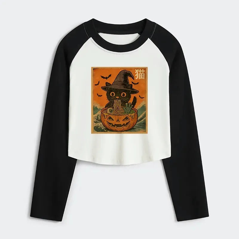 Kyoto-Lion Halloween Cat Eating Ramen Women's Crop Raglan T-Shirt