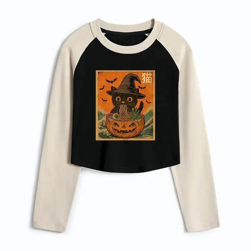 Japanese Cat Eating Ramen Crop T-Shirt