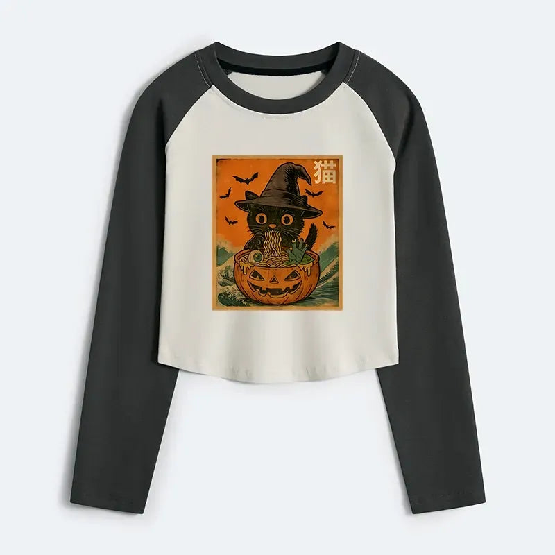 Japanese Cat Eating Ramen Crop T-Shirt