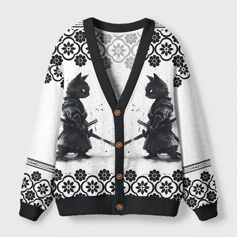 Kyoto-Lion The Way of the Samurai Cat Ugly Cardigan Sweater