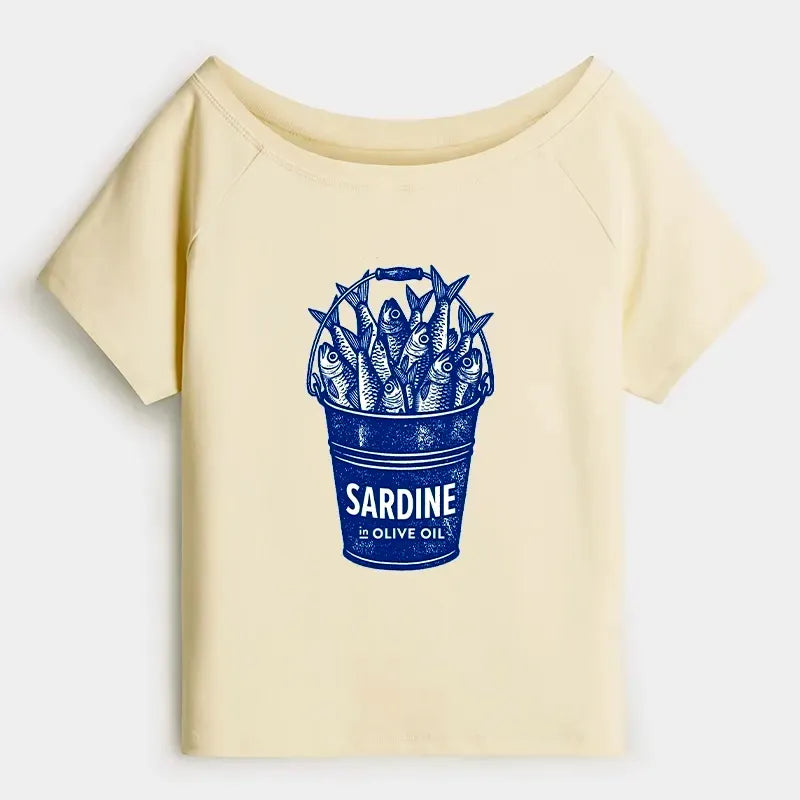 Kyoto-Lion Vintage Bucket Full Of Fresh Sardines Off Shoulder T-Shirt