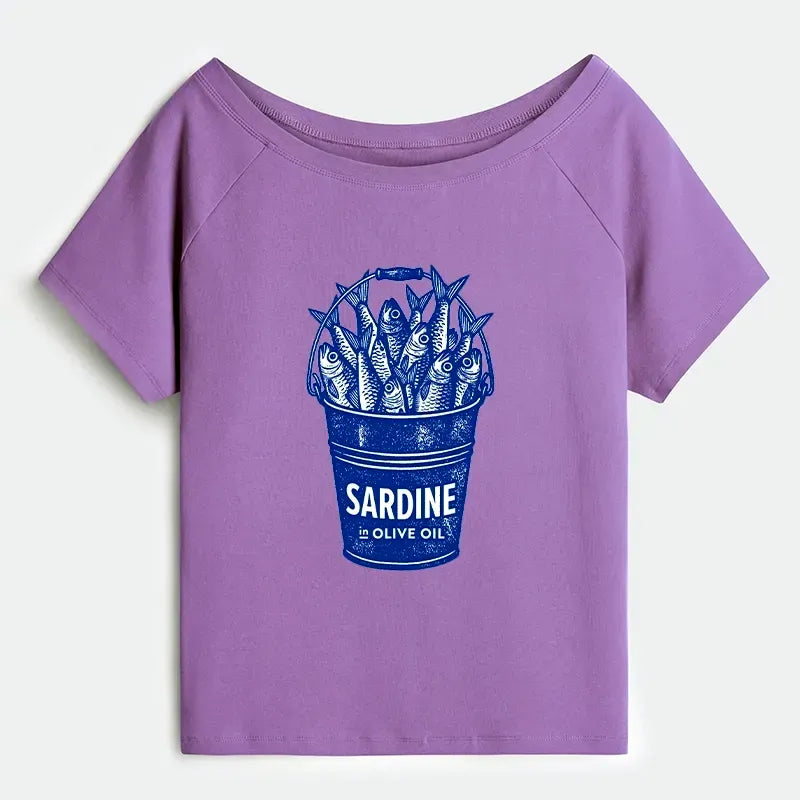 Kyoto-Lion Vintage Bucket Full Of Fresh Sardines Off Shoulder T-Shirt