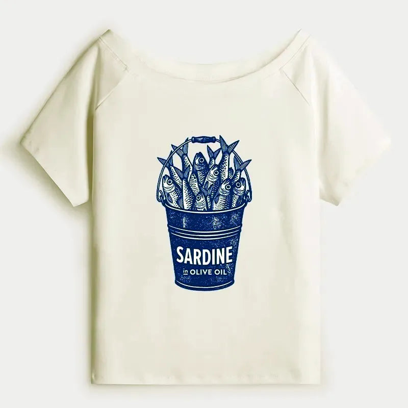 Kyoto-Lion Vintage Bucket Full Of Fresh Sardines Off Shoulder T-Shirt