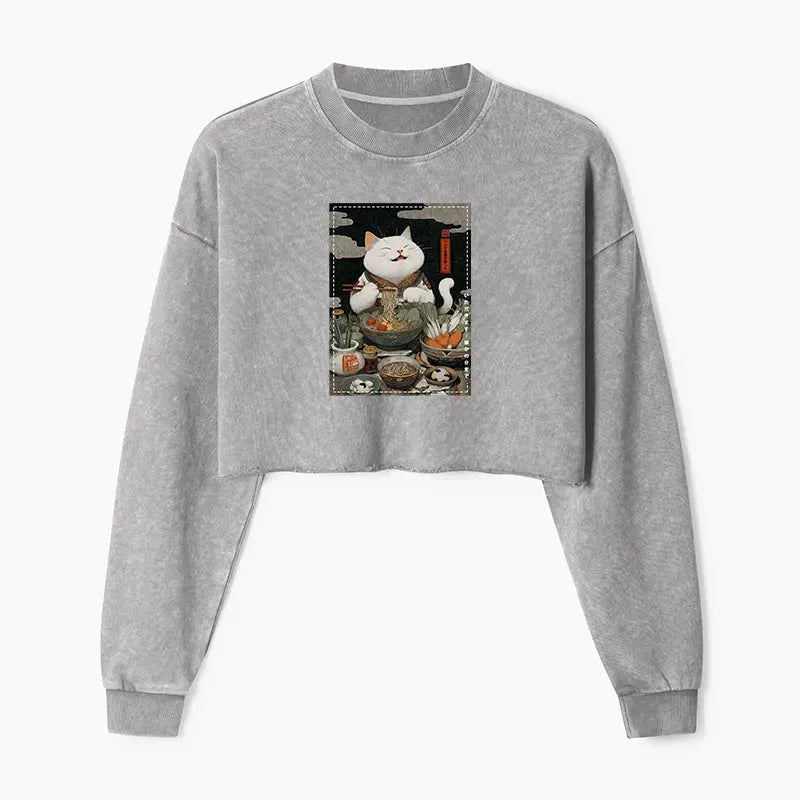 Kyoto-Lion The Ramen-Loving Cat Washed Crop Sweatshirt