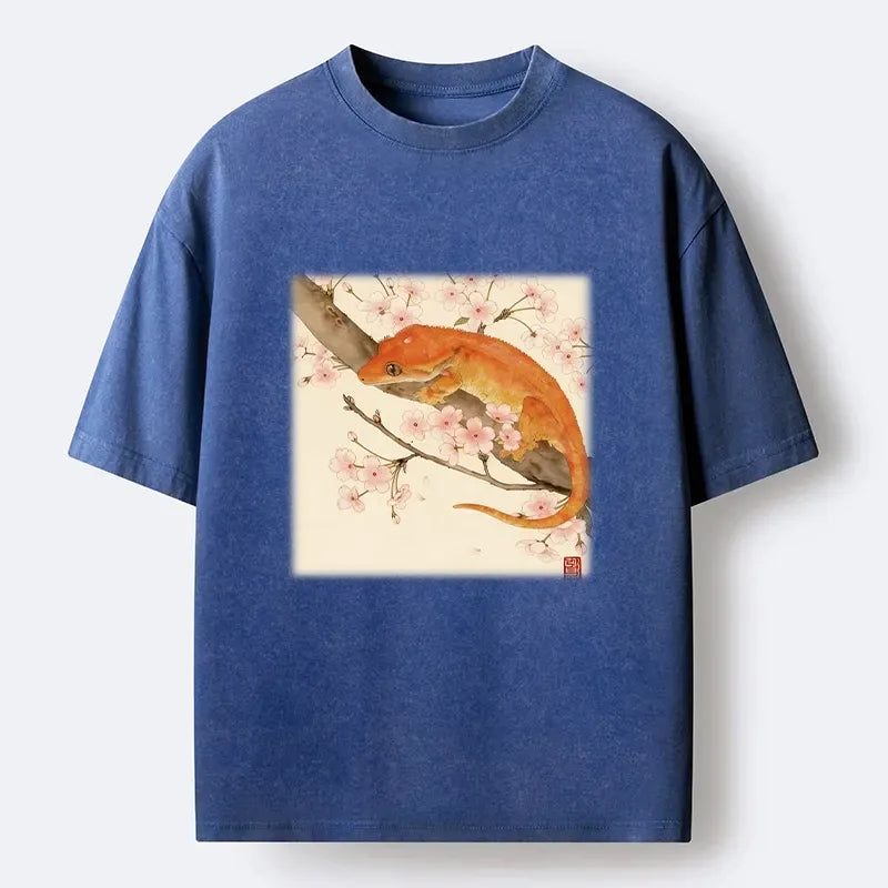 Japanese Sakura Gecko Washed T-Shirt for Summer