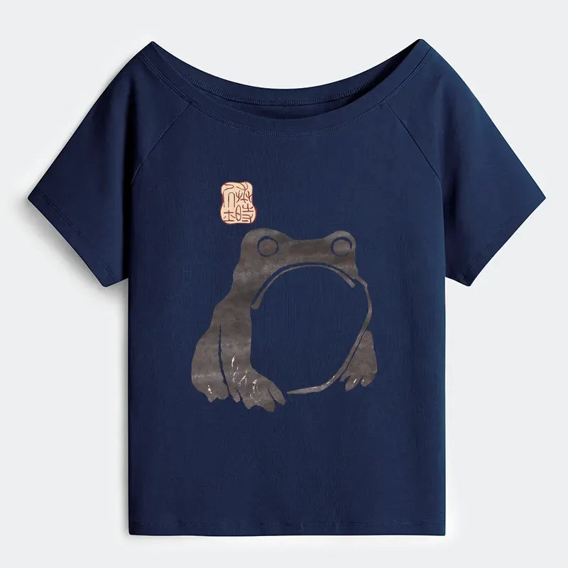 Kyoto-Lion Matsumoto Hoji Woodblock Print Frog Off Shoulder T-Shirt