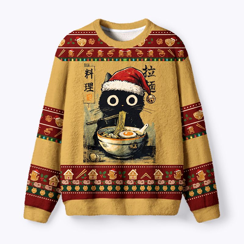Kyoto-Lion Cute Black Cat Eating Ramen Japan Fuzzy Christmas Ugly Sweatshirt