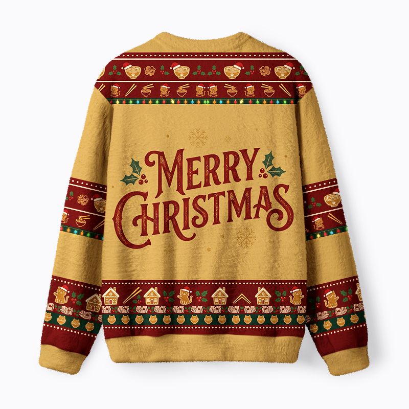 Kyoto-Lion Cute Black Cat Eating Ramen Japan Fuzzy Christmas Ugly Sweatshirt