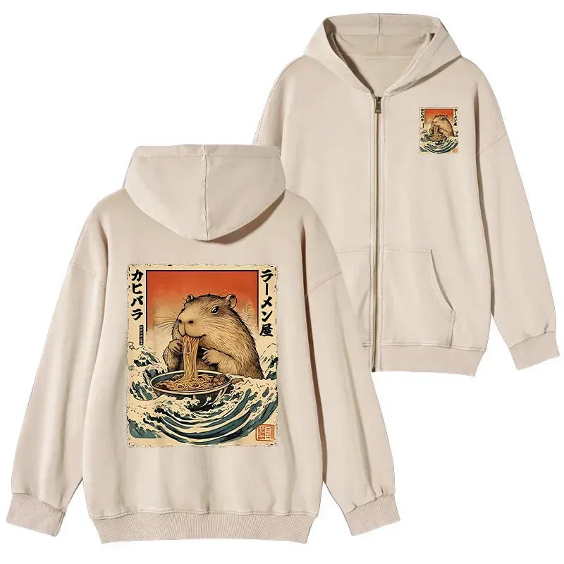 Kyoto-Lion Hamster Eating Ramen Washed Zip Hoodie