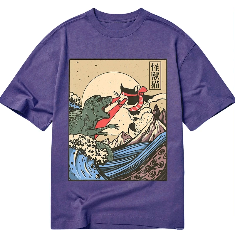 Kyoto-Lion Vintage Retro Japanese Great Wave Cat VS Monster Classic T-Shirt
