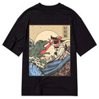 Kyoto-Lion Vintage Retro Japanese Great Wave Cat VS Monster Classic T-Shirt