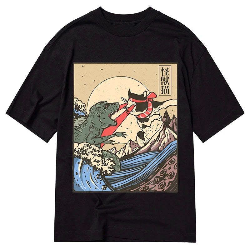 Kyoto-Lion Vintage Retro Japanese Great Wave Cat VS Monster Classic T-Shirt