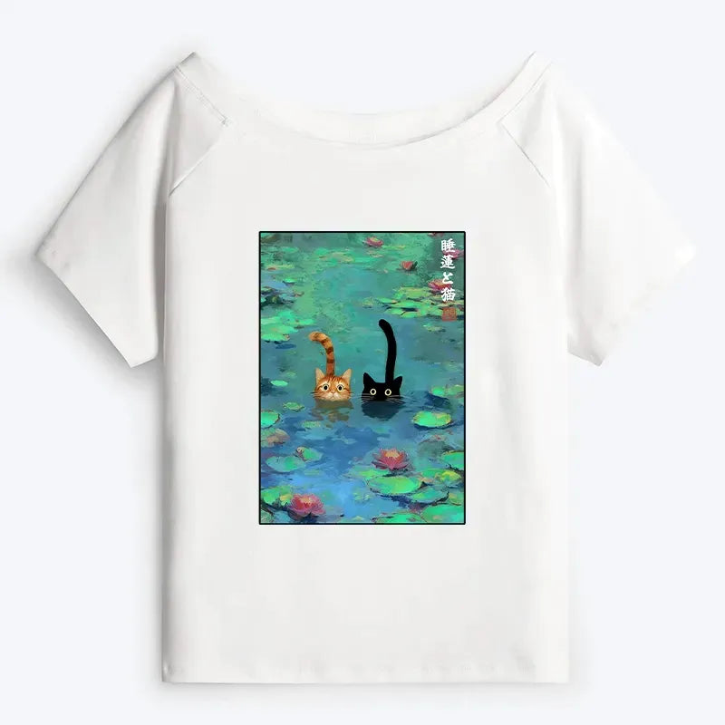 Japanese Off Shoulder Cat Tee for Women
