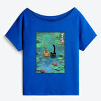 Funny Cat Off Shoulder T-Shirt for Summer