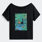Japanese Off Shoulder Cat Tee for Women