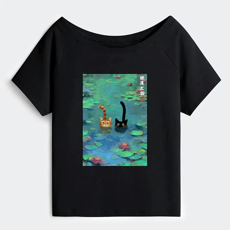 Japanese Off Shoulder Cat Tee for Women