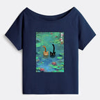 Funny Cat Off Shoulder T-Shirt for Summer