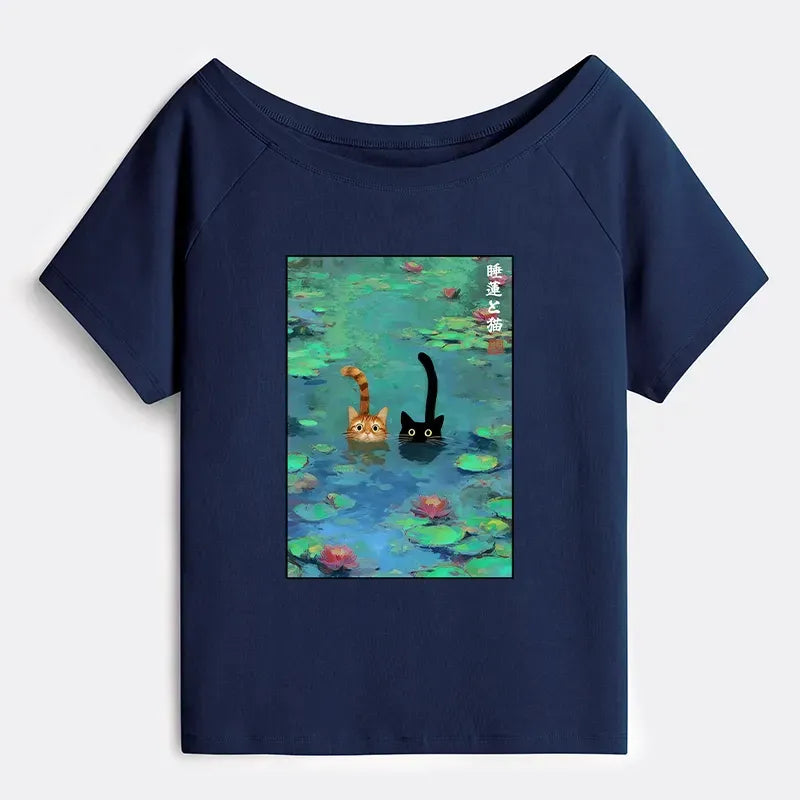 Funny Cat Off Shoulder T-Shirt for Summer