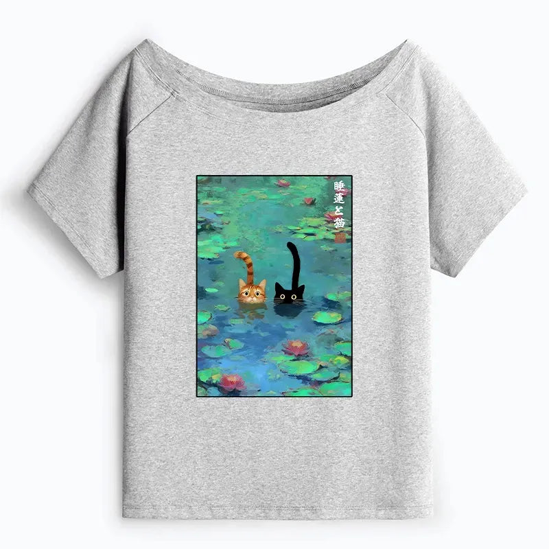 Japanese Off Shoulder Cat Tee for Women