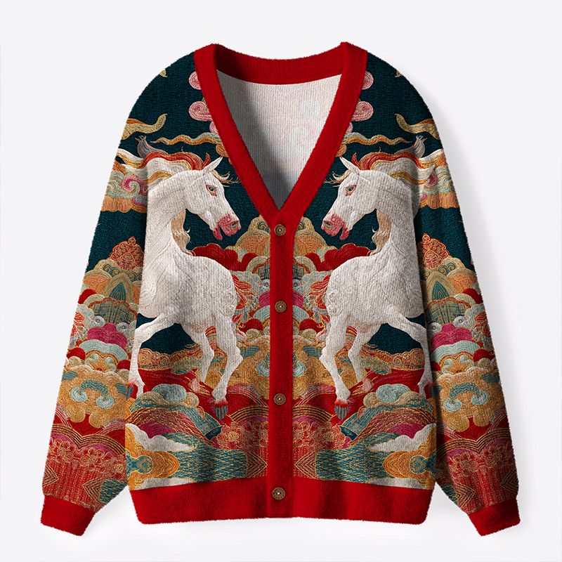 Kyoto-Lion Celestial Steeds In Auspicious Clouds Ugly Cardigan Sweater
