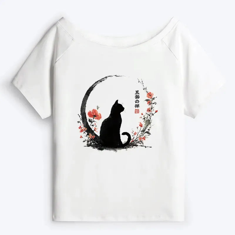 Off Shoulder Black Cat T-Shirt for Women