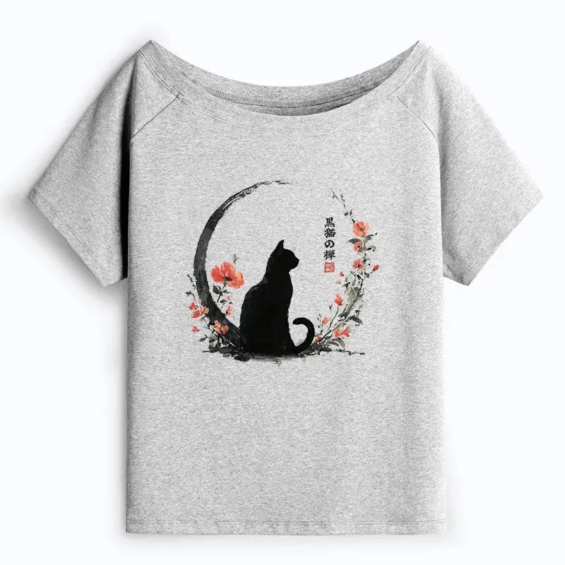 Off Shoulder Black Cat T-Shirt for Women