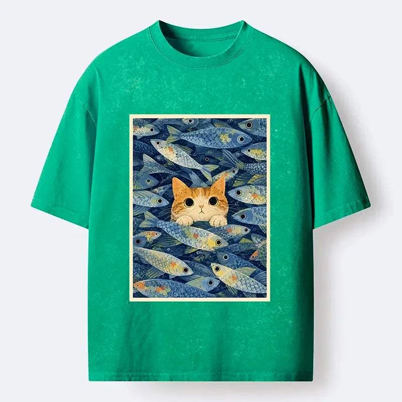 Kyoto-Lion Kitty Among Fish Washed T-Shirt