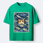 Kyoto-Lion Kitty Among Fish Washed T-Shirt