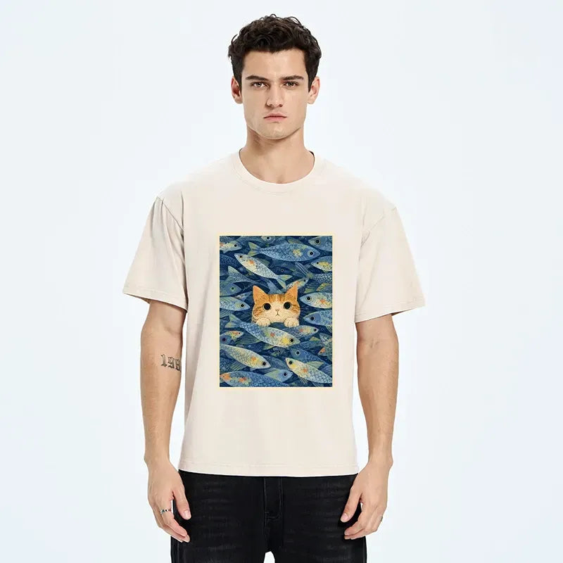 Kyoto-Lion Kitty Among Fish Washed T-Shirt