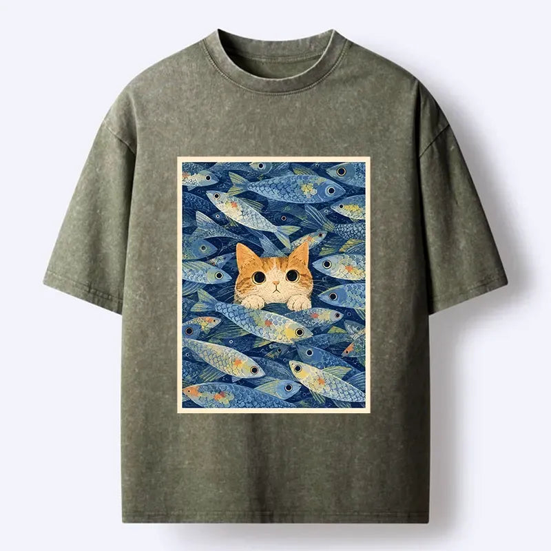 Kyoto-Lion Kitty Among Fish Washed T-Shirt