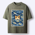 Kyoto-Lion Kitty Among Fish Washed T-Shirt
