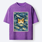 Kyoto-Lion Kitty Among Fish Washed T-Shirt