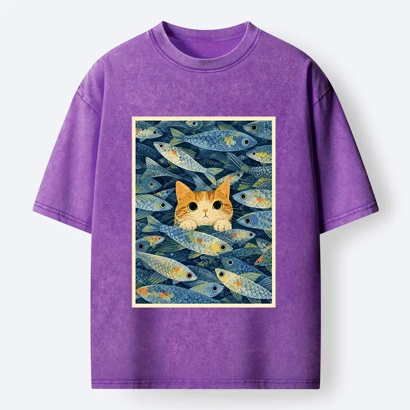 Kyoto-Lion Kitty Among Fish Washed T-Shirt