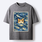 Kyoto-Lion Kitty Among Fish Washed T-Shirt