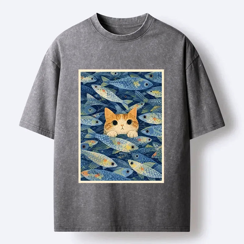 Kyoto-Lion Kitty Among Fish Washed T-Shirt