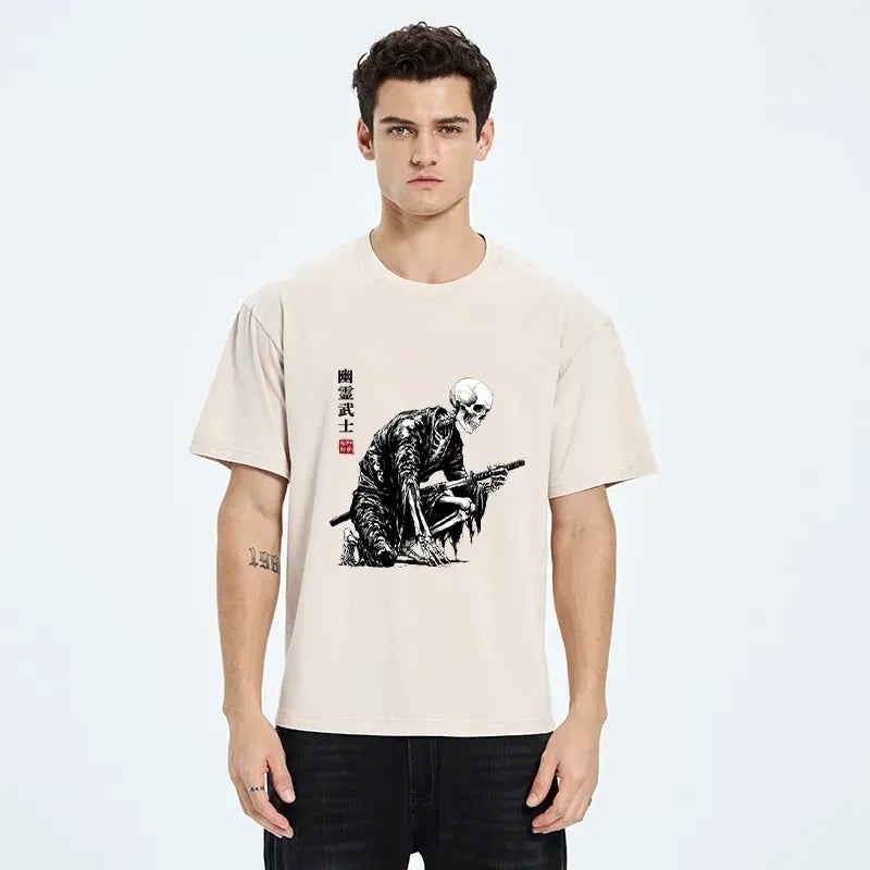 Kyoto-Lion Vintage Dark Ghost Samurai Sketch Washed T-Shirt