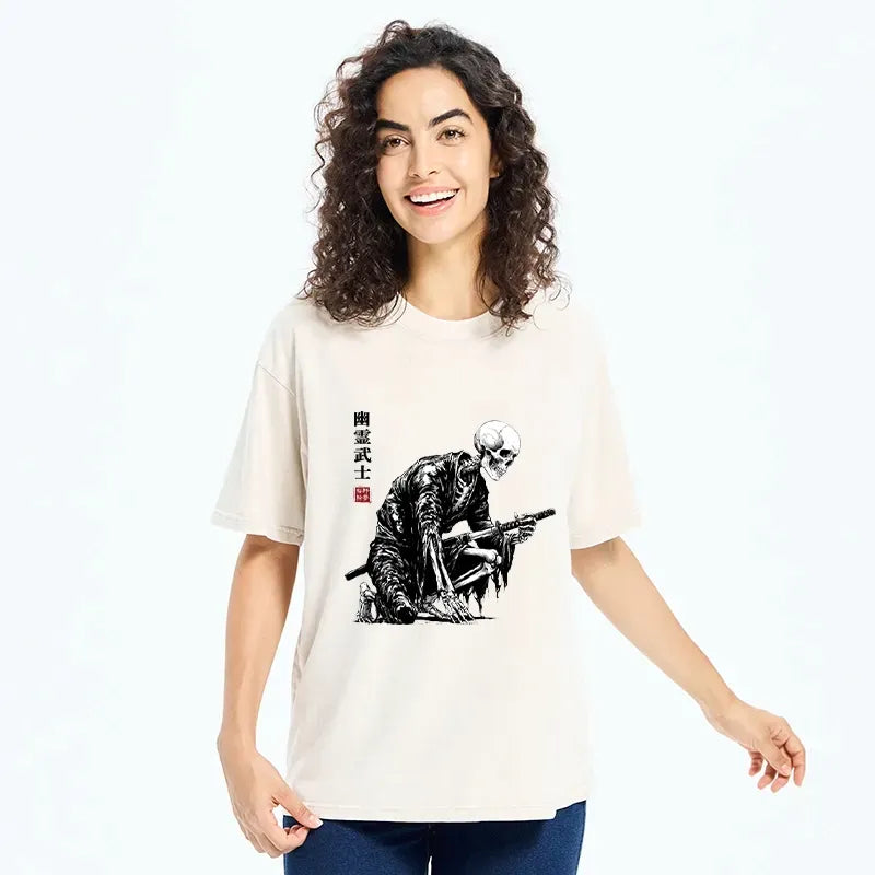 Kyoto-Lion Vintage Dark Ghost Samurai Sketch Washed T-Shirt