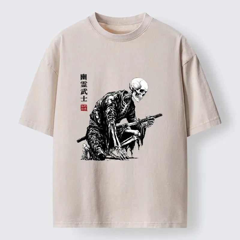 Kyoto-Lion Vintage Dark Ghost Samurai Sketch Washed T-Shirt