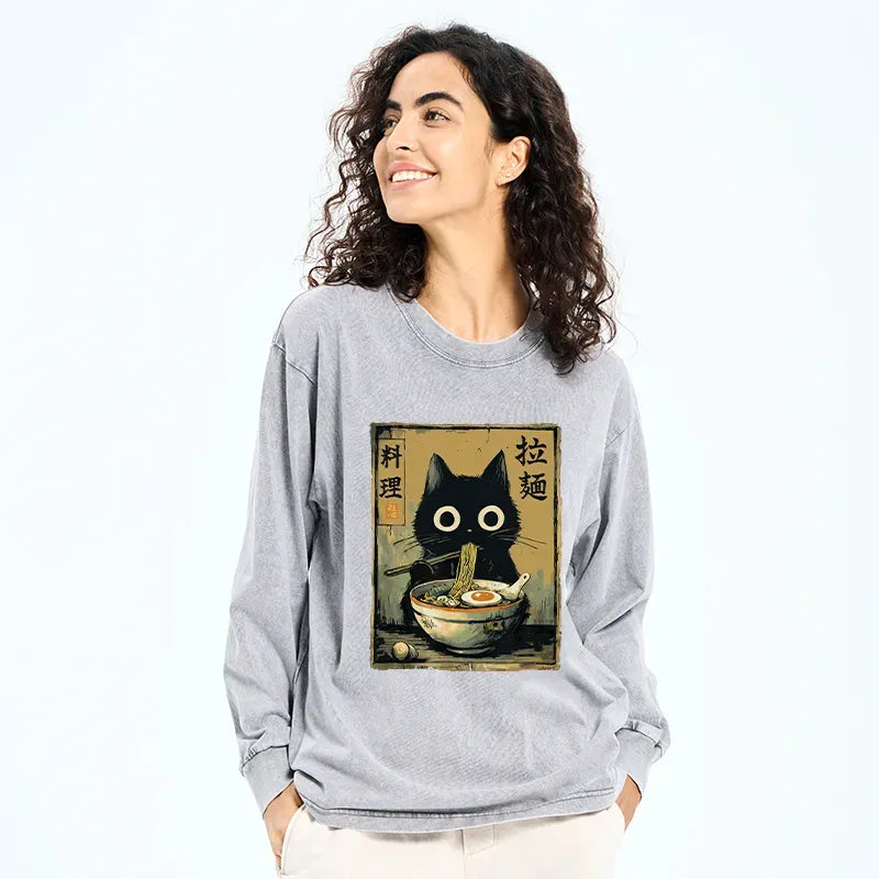 Kyoto-Lion Cute Black Cat Eating Ramen Japan Washed Long Sleeve T-Shirt