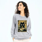Kyoto-Lion Cute Black Cat Eating Ramen Japan Washed Long Sleeve T-Shirt