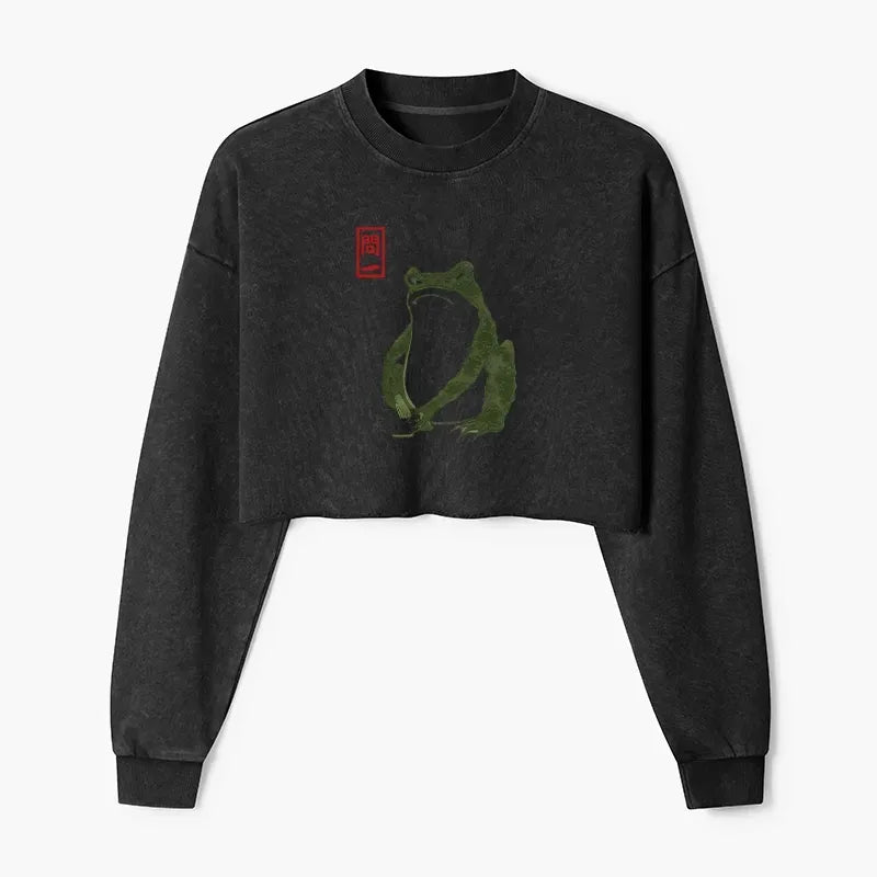 Kyoto-Lion Woodblock Print Frog Washed Crop Sweatshirt