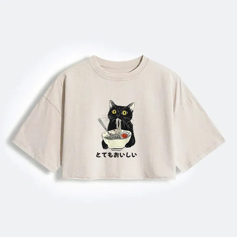 Washed Crop T-Shirt with Japanese Cat Design