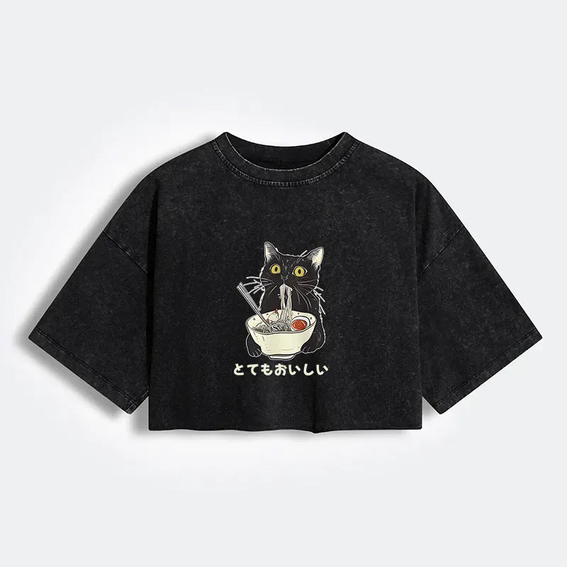 Kyoto-Lion Cats Eat Ramen Noodles Women's Washed Crop T-Shirt