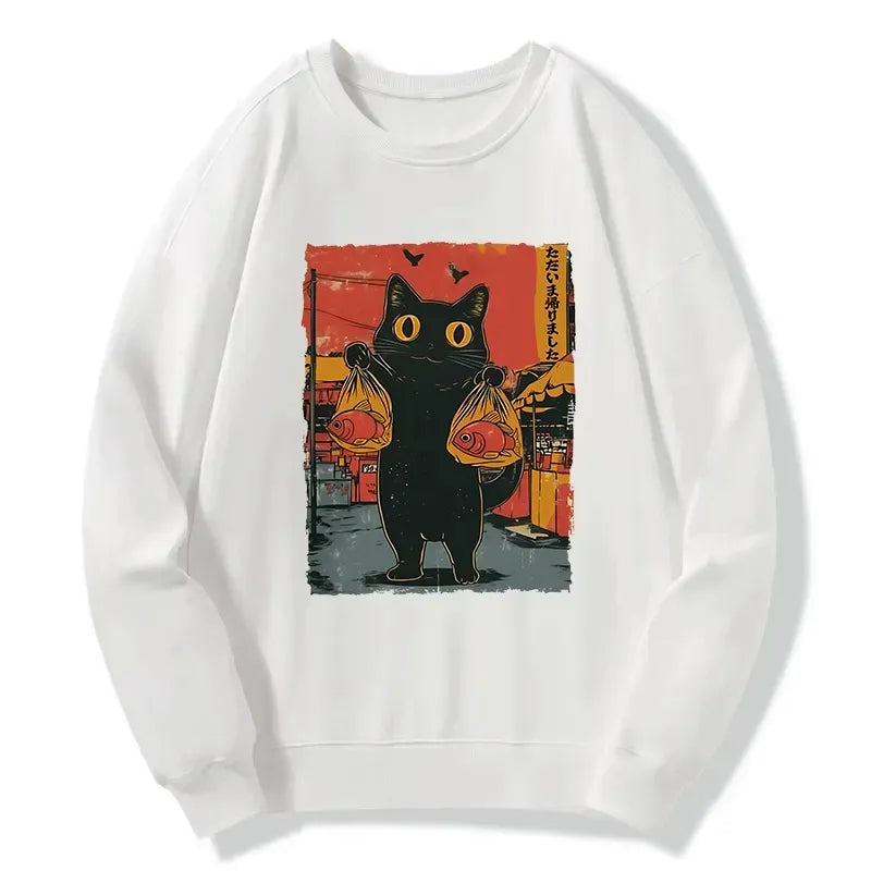 Japanese Cat Fishing Sweatshirt for Daily Wear