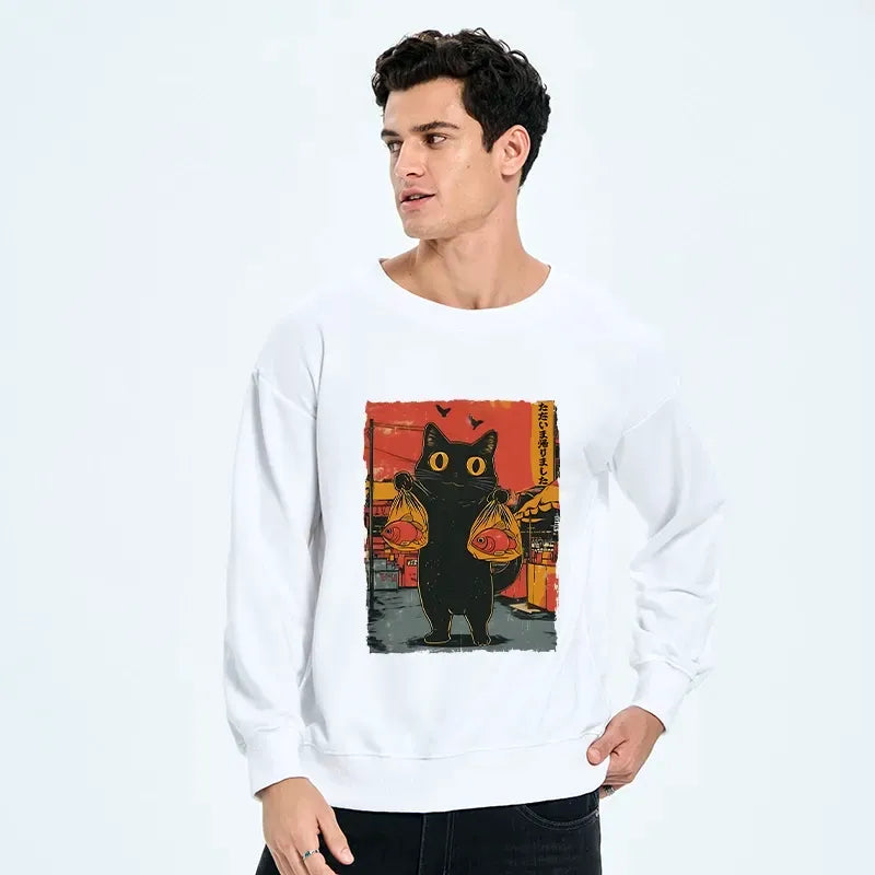 Japanese Cat Fishing Sweatshirt for Daily Wear
