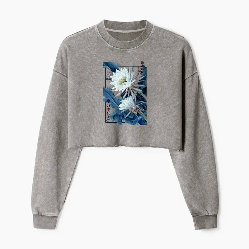 Kyoto-Lion Vintage Epiphyllum-Short-lived beauty Poster Washed Crop Sweatshirt