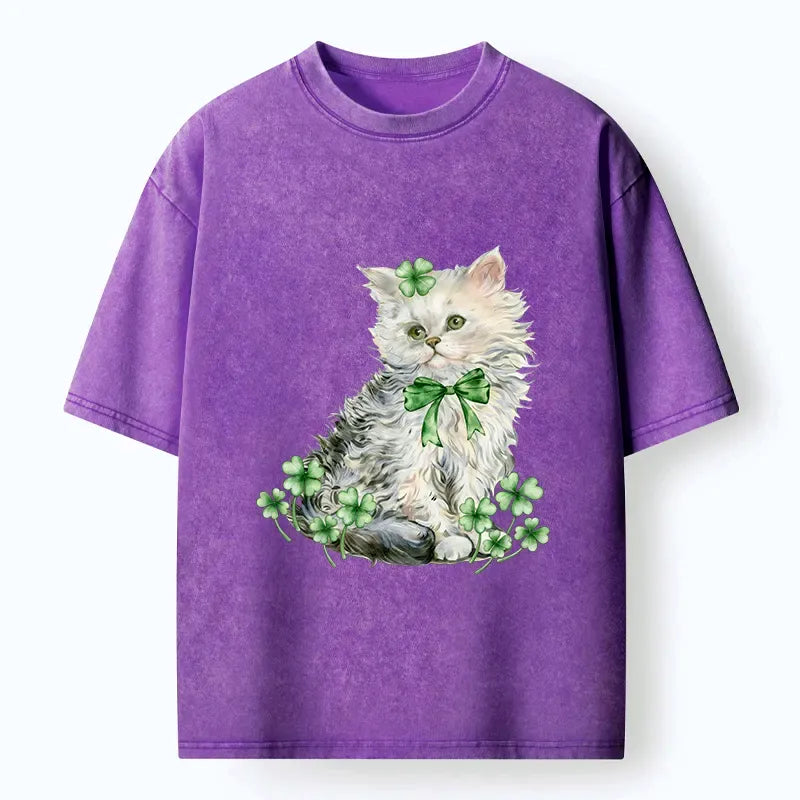 Kyoto-Lion St Patricks Day Cat Clover Washed T-Shirt