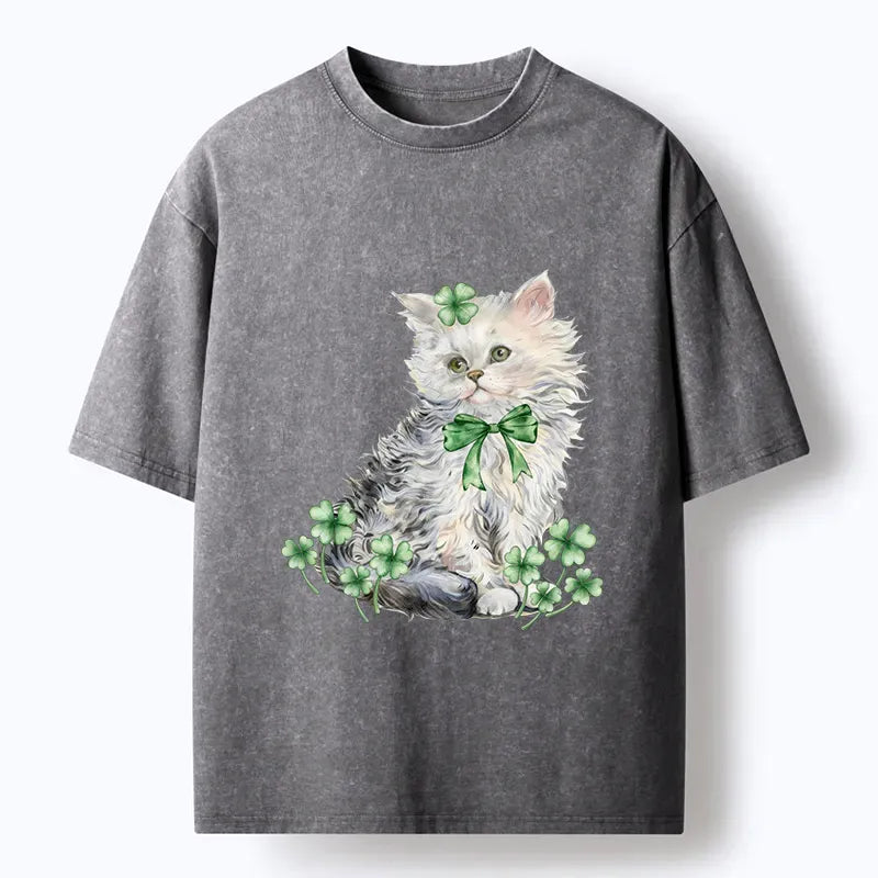 Kyoto-Lion St Patricks Day Cat Clover Washed T-Shirt
