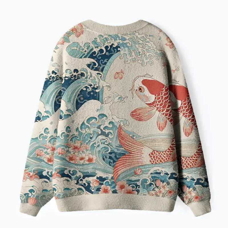 Kyoto-Lion Koi With Sakura Waves Ugly Cardigan Sweater